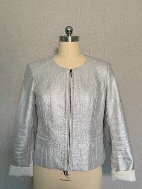 White House Black Market Metallic Silver Zip Front Jacket Blazer | Size 2  A1002